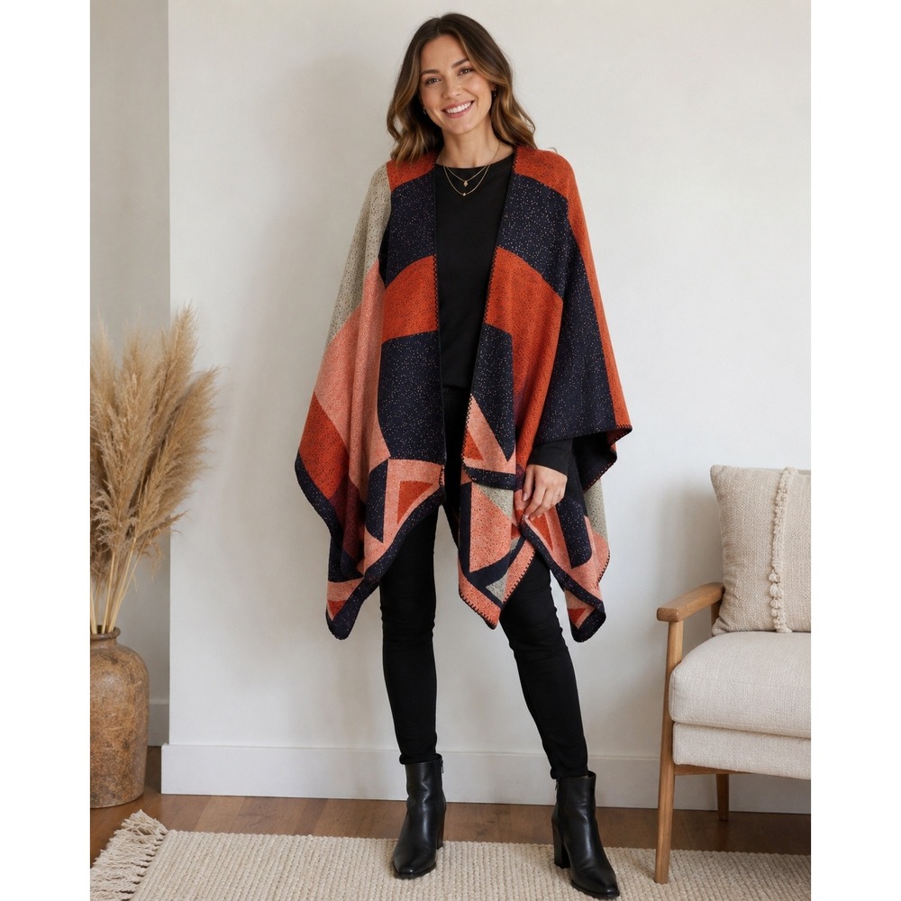 Marcus Adler New‎ York Geometric Print Poncho Shawl Blanket Wrap One Size